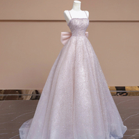 Pink Tulle Sequins Long Prom Dress with Bow - Thumbnail 2