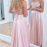 Sparkly A-Line Corset Pink Spaghetti Straps Long Prom Dress ,PD231277 - Thumbnail 1