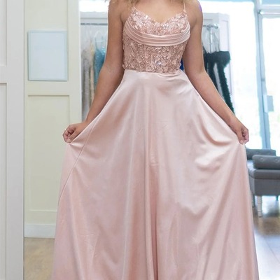 Sparkly a-line corset pink spaghetti straps long prom dress ,pd231277