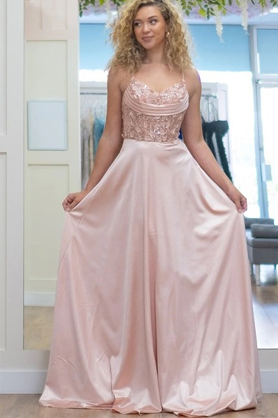 Sparkly A-Line Corset Pink Spaghetti Straps Long Prom Dress ,PD231277