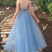 V-Neck Spaghetti Straps Ruffles Sleeveless Blue Prom Dress,PD231278 - Thumbnail 1