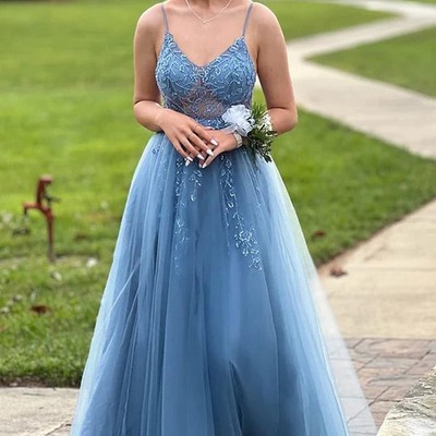 V-neck spaghetti straps ruffles sleeveless blue prom dress,pd231278