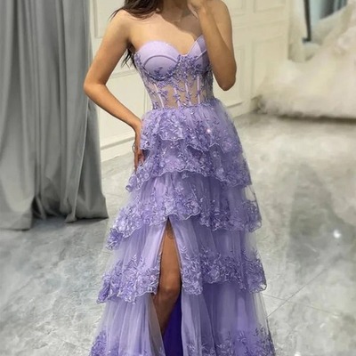 A-line lilac appliques sweetheart layered prom dress with slit ,pd231279