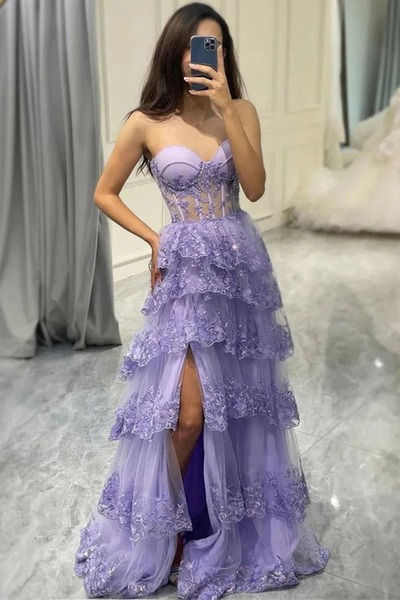 A-Line Lilac Appliques Sweetheart Layered Prom Dress with Slit ,PD231279