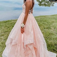 V-Neck Spaghetti Straps Ruffles Sleeveless Pink Long Prom Dress,PD231280 - Thumbnail 1