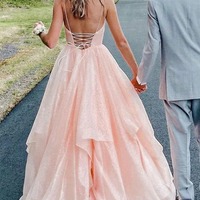 V-Neck Spaghetti Straps Ruffles Sleeveless Pink Long Prom Dress,PD231280 - Thumbnail 2