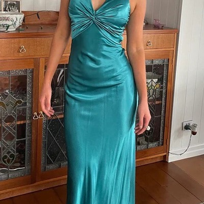 Pleated satin sleeveless turquoise halter neck long prom dress ,pd231281