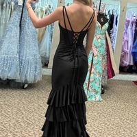 V-Neck Ruffle Black Mermaid Prom Dress Party Dress with Split ,PD231282 - Thumbnail 1