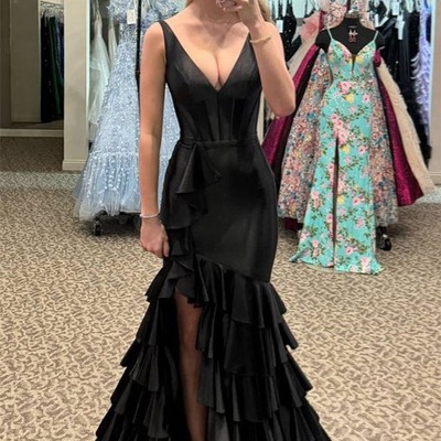 V-neck ruffle black mermaid prom dress party dress with split ,pd231282