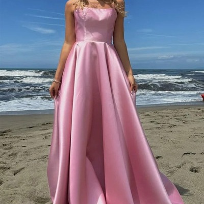 Simple satin pleated square neck spaghetti straps prom dress ,pd231283