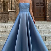 Simple Satin Pleated Square Neck Spaghetti Straps Prom Dress ,PD231283 - Thumbnail 3