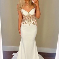 V-Neck Spaghetti Straps Appliques Mermaid White Prom Dress,PD231286 - Thumbnail 1