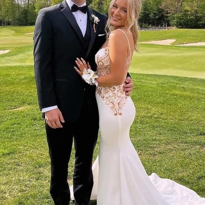 V-neck spaghetti straps appliques mermaid white prom dress,pd231286