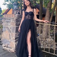 A-Line Black Straps Sweetheart Sleeveless Long Prom Dress,PD231287 - Thumbnail 1