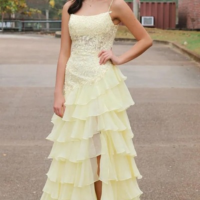 A-line spaghetti straps layered yellow prom dress with slit ,pd231288