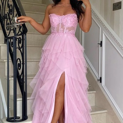 A-line pink ruffles appliques corset long prom dress with slit ,pd231289