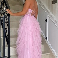 A-Line Pink Ruffles Appliques Corset Long Prom Dress with Slit ,PD231289 - Thumbnail 1
