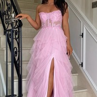 A-Line Pink Ruffles Appliques Corset Long Prom Dress with Slit ,PD231289 - Thumbnail 2