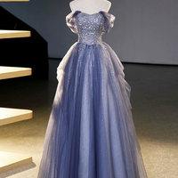 Blue Tulle Beaded Long Ball gown - Thumbnail 6
