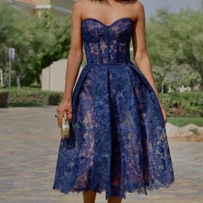 Royal blue tea-length lace prom dress formal evening dresses