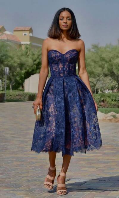 Royal Blue Tea-length Lace Prom Dress Formal Evening Dresses