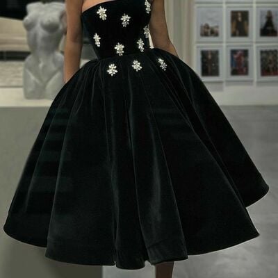 Black and white tea-length puffy prom dress formal evening dresses