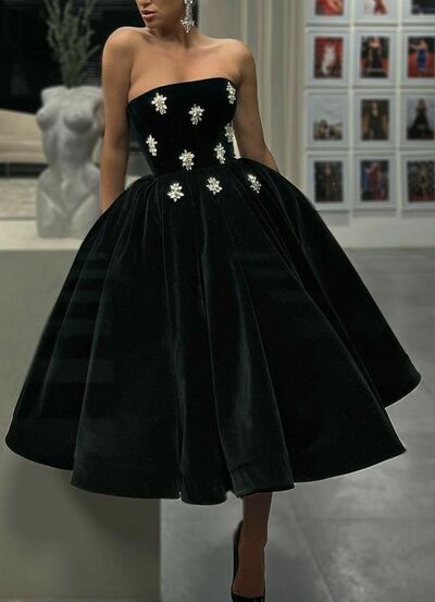 Black and White Tea-length Puffy Prom Dress Formal Evening Dresses