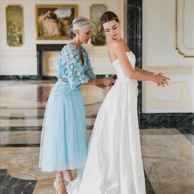  elegant  a-line v-neck blue tea-length mother of bride groom dress