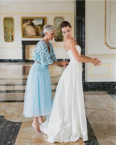  Elegant  A-line V-neck Blue Tea-length Mother of Bride Groom Dress