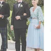  Elegant  A-line V-neck Blue Tea-length Mother of Bride Groom Dress - Thumbnail 1