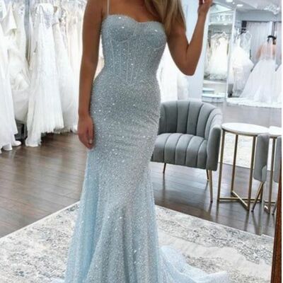 Elegant blue mermaid sequins prom dress formal evening dresses