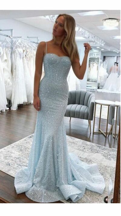 Elegant Blue Mermaid Sequins Prom Dress Formal Evening Dresses