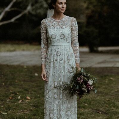 Boho a-line wedding dress, lace long bridal dress wedding gown