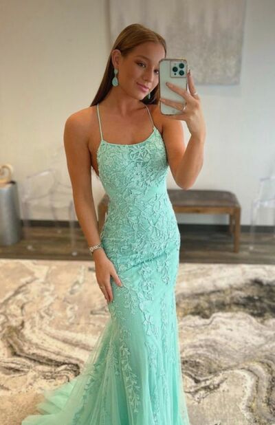 Green Sheath Lace Appliques Prom Dress Formal Evening Dresses