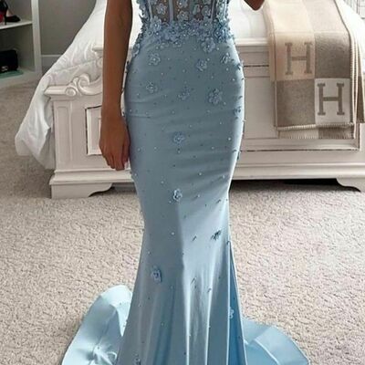 Elegant blue mermaid lace prom dress formal evening dresses