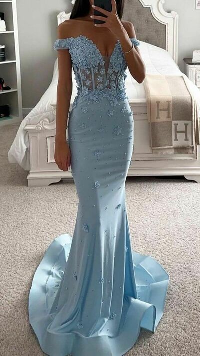 Elegant Blue Mermaid Lace Prom Dress Formal Evening Dresses