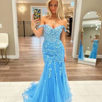 Blue sheath lace appliques prom dress formal evening dresses