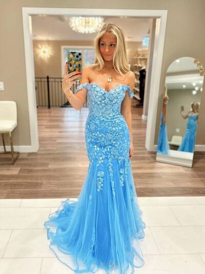 Blue Sheath Lace Appliques Prom Dress Formal Evening Dresses