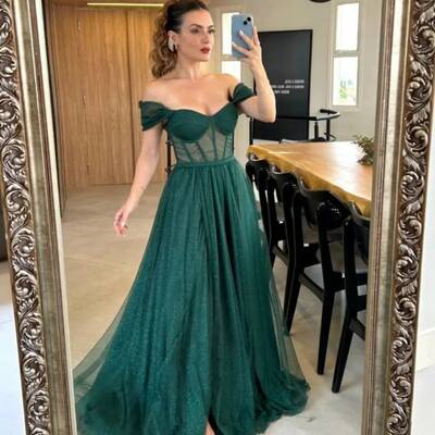 Elegant dark green ball gown lace prom dress formal evening dresses