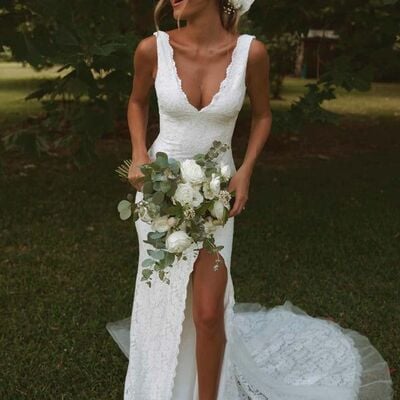 Lace sheath wedding dress, lace side split bridal dress wedding gown