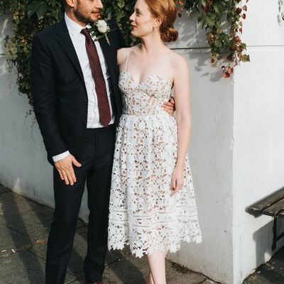 A-line short lace wedding dress, mini short bridal dress wedding gown