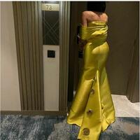 Elegant Long Yellow Satin Off Shoulder Pleated Evening Dresses With Hand Made Flower Mermaid Sweep Train Zipper Back Prom Dress Robe De Soiree - Thumbnail 3