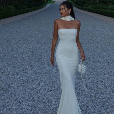 White sheath prom dress formal dress evening gowns - Thumbnail 4