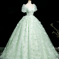 Green Tulle Floor Length Prom Dress, Short Sleeve Butterfly Evening Party Dress - Thumbnail 1