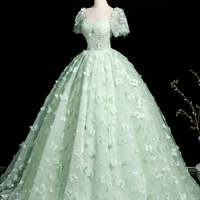 Green Tulle Floor Length Prom Dress, Short Sleeve Butterfly Evening Party Dress - Thumbnail 2