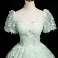 Green Tulle Floor Length Prom Dress, Short Sleeve Butterfly Evening Party Dress - Thumbnail 4