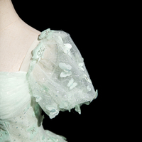 Green Tulle Floor Length Prom Dress, Short Sleeve Butterfly Evening Party Dress - Thumbnail 6