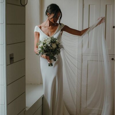 Simple sheath wedding dress, satin bridal dress wedding gown
