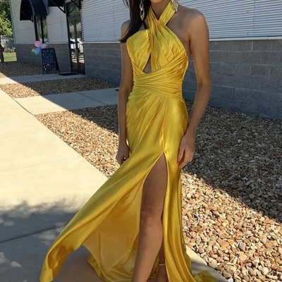 Yellow sheath halter ruched satin long prom dress with slit ,pd231293