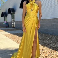 Yellow Sheath Halter Ruched Satin Long Prom Dress with Slit ,PD231293 - Thumbnail 1